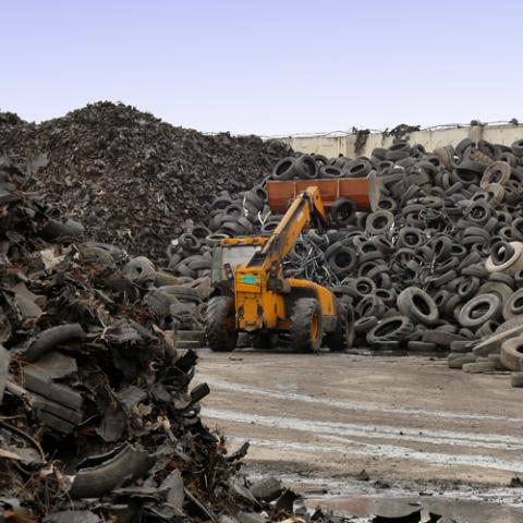 stapel banden voor verwerking met kraan